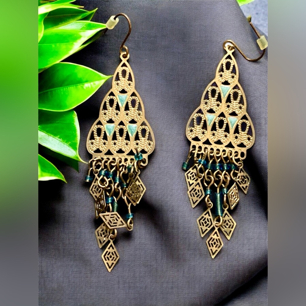 Antique Gold Bohemian Teardrop Earrings with Intricate Filigree Design